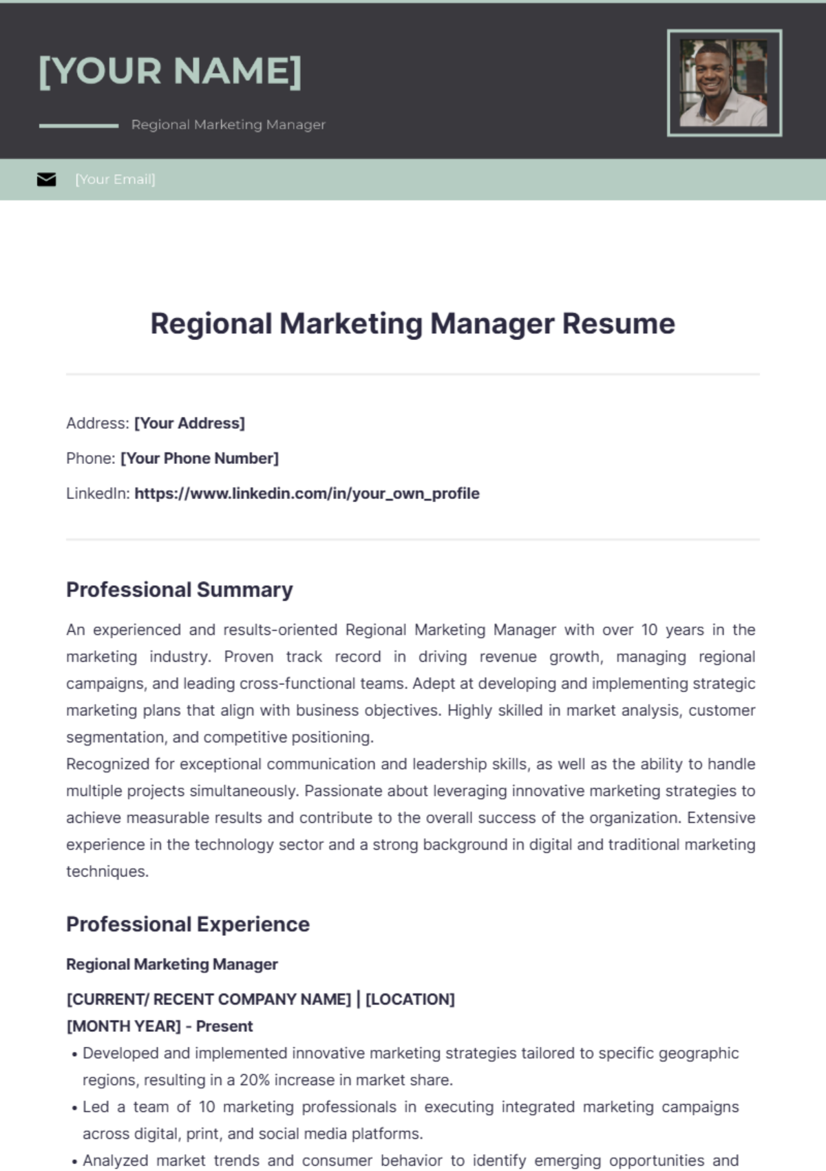 Regional Marketing Manager Resume - Edit Online & Download