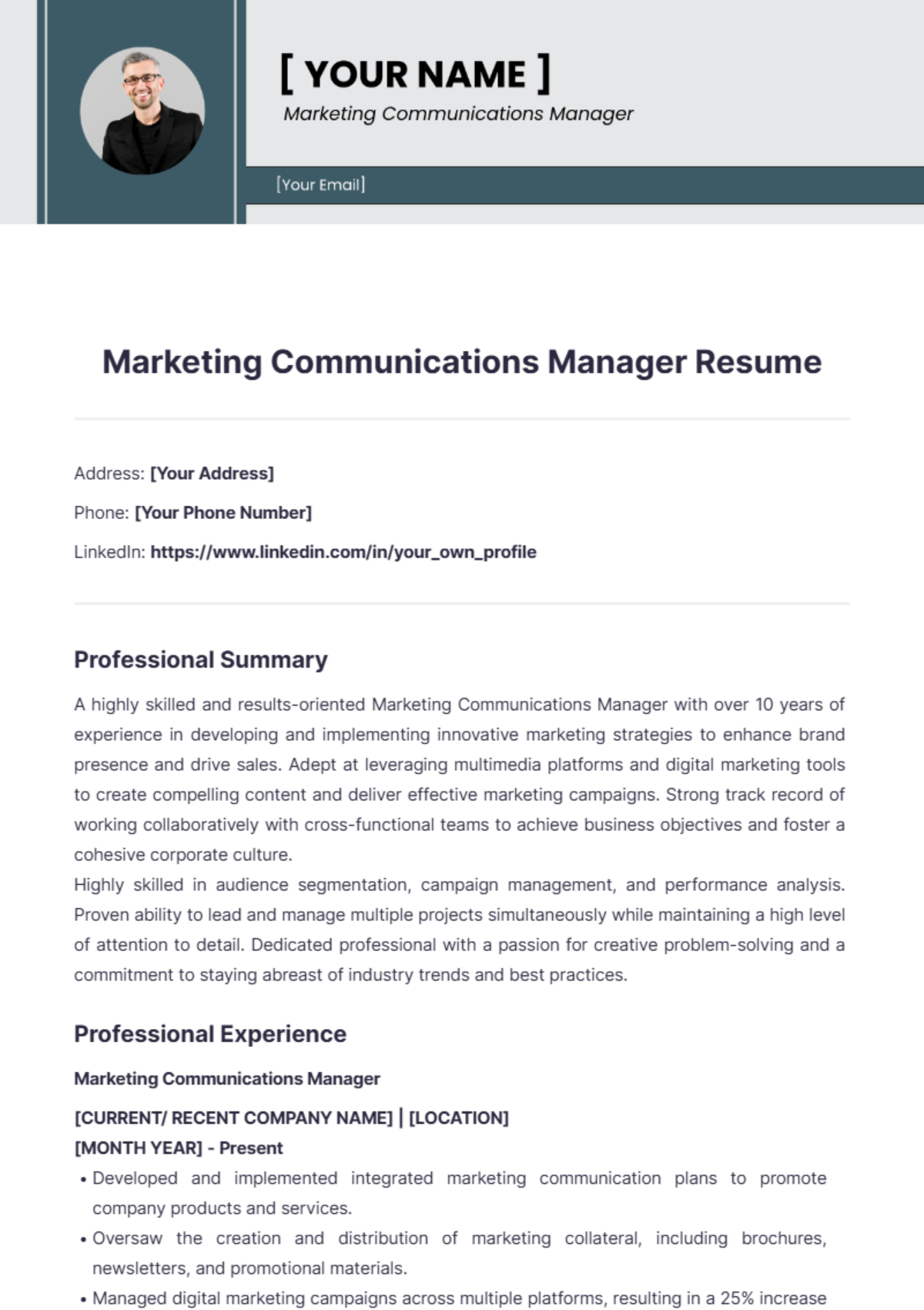 Marketing Communications Manager Resume - Edit Online & Download