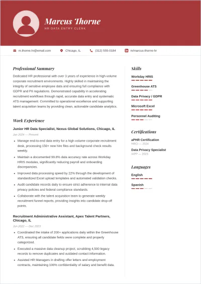 Free HR Data Entry ATS Resume Template, AI Resume Builder