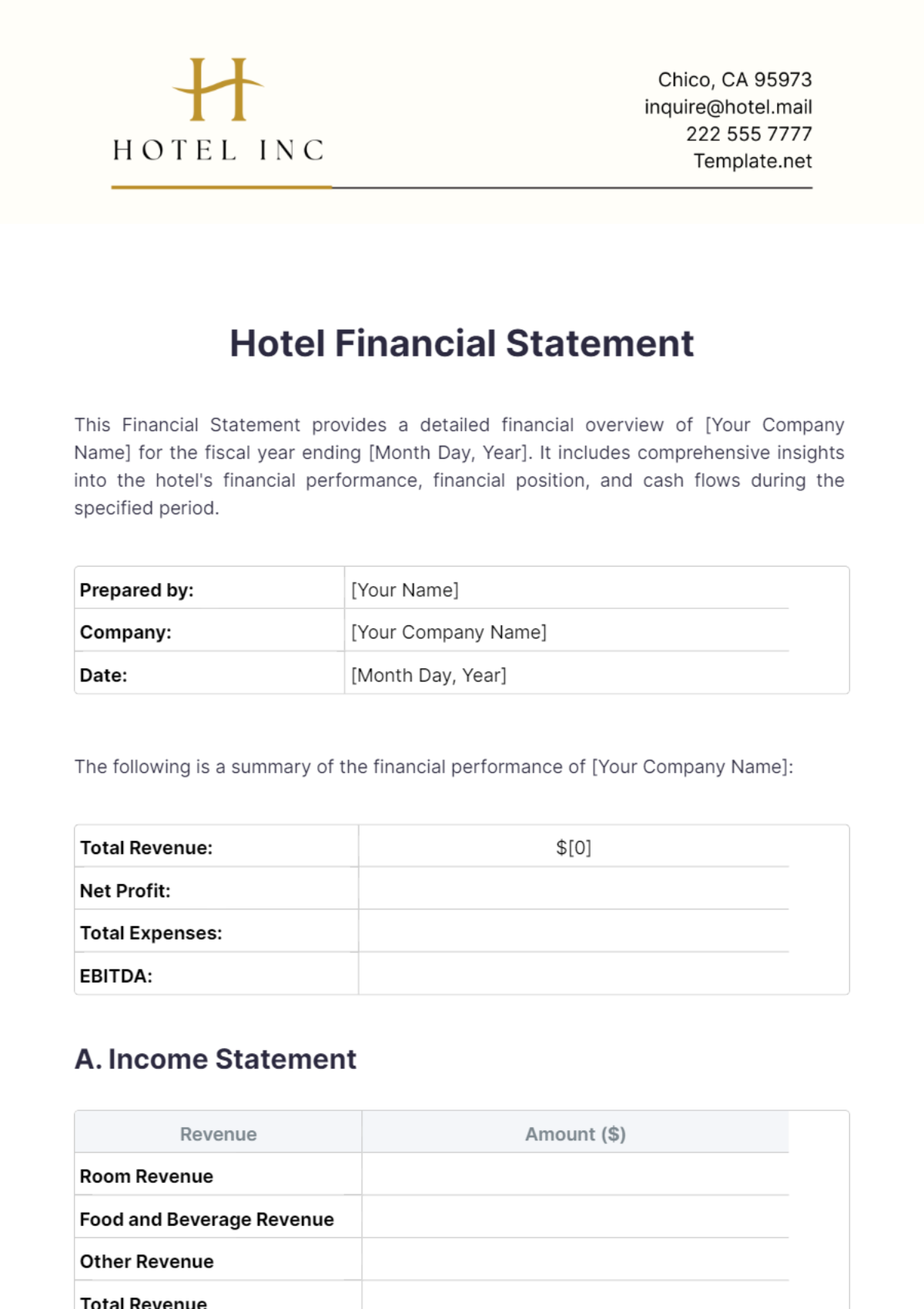 Hotel Financial Statement Template - Edit Online & Download