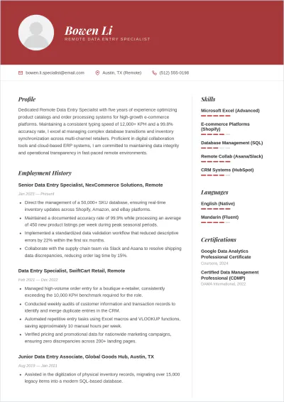 Free Remote Data Entry Job ATS Resume Template, AI Resume Builder