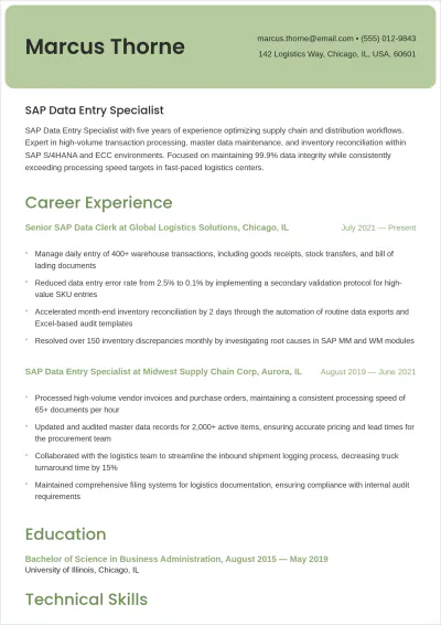 Free Sap Data Entry ATS Resume Template, AI Resume Builder