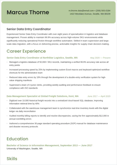 Free Data Entry Coordinator ATS Resume Template, AI Resume Builder