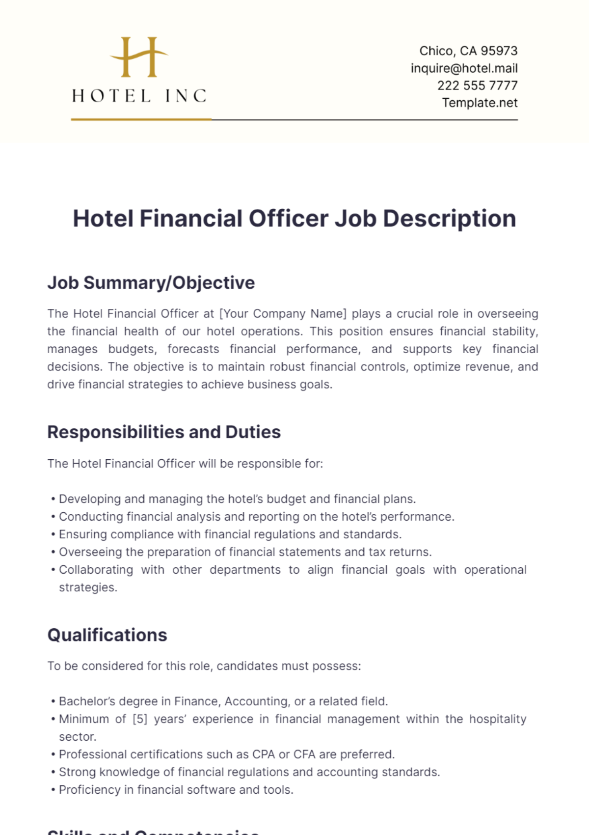 Hotel Financial Officer Job Description Template - Edit Online & Download