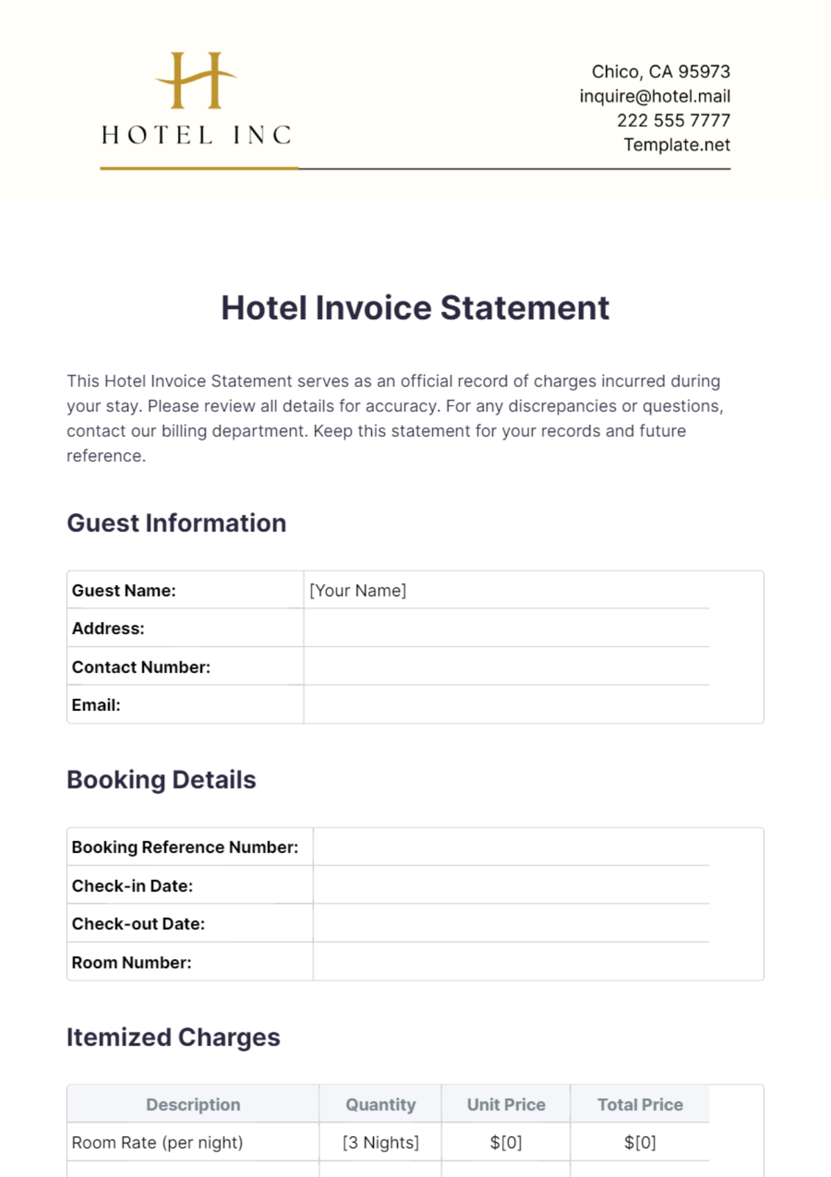 Hotel Invoice Statement Template - Edit Online & Download