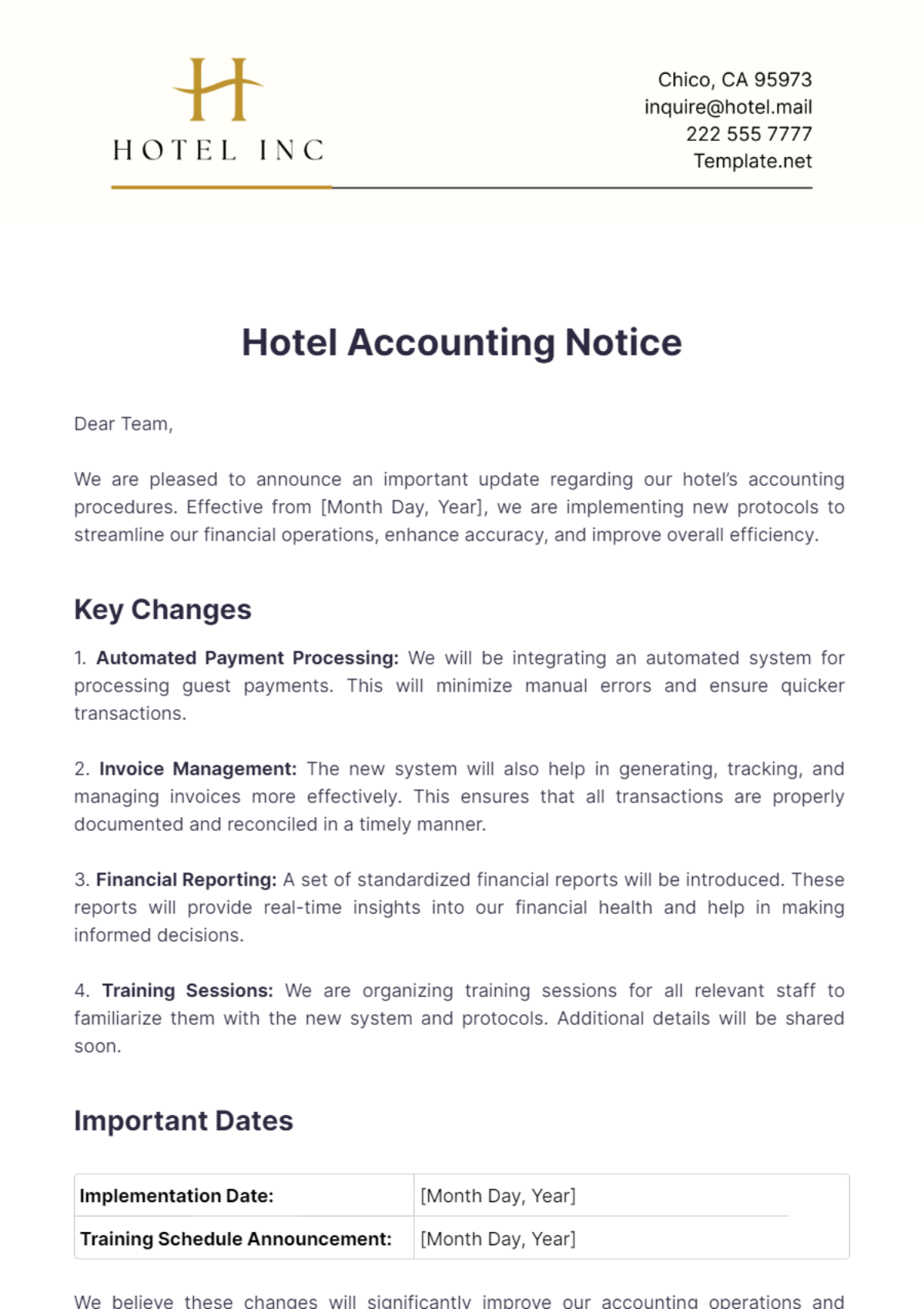 Hotel Accounting Notice Template - Edit Online & Download