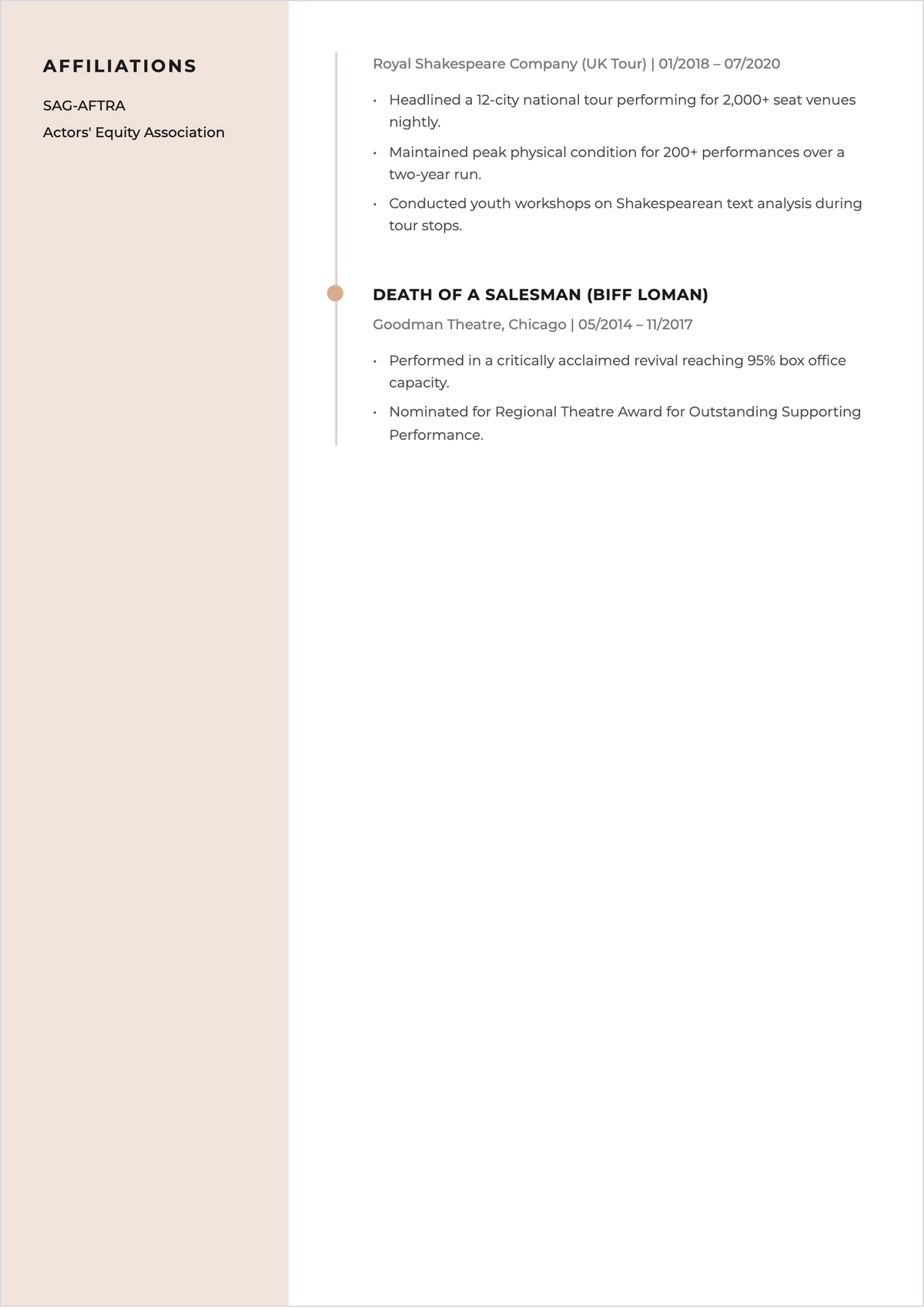 Free Minimalist Acting ATS Resume Template, AI Resume Builder