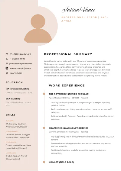 Free Minimalist Acting ATS Resume Template, AI Resume Builder