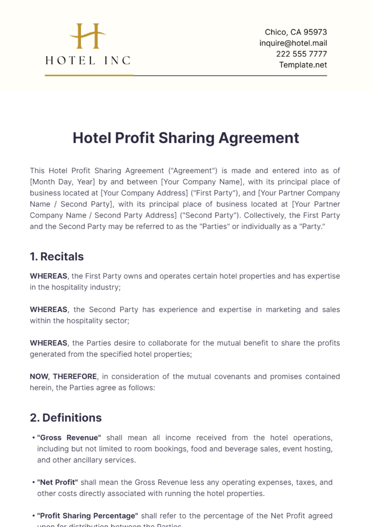 Hotel Profit Sharing Agreement Template - Edit Online & Download