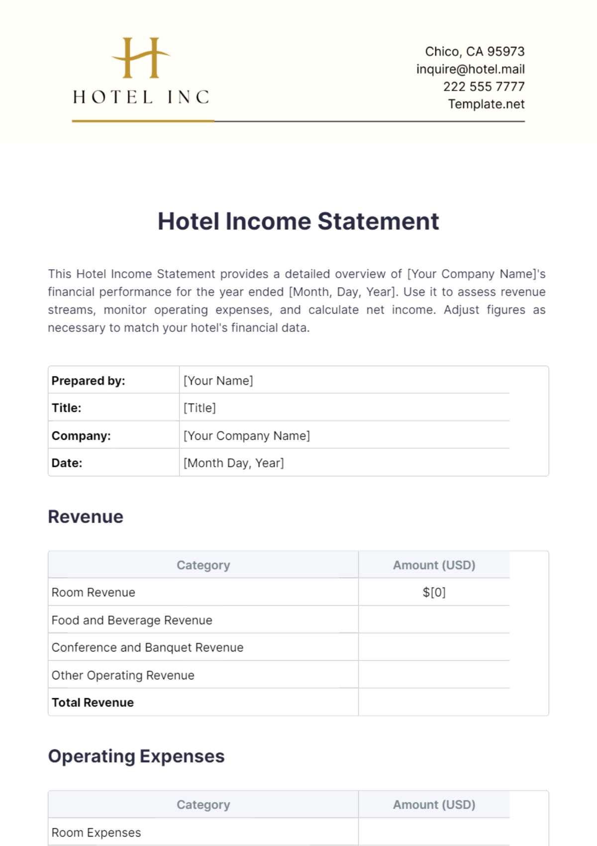 Hotel Income Statement Template - Edit Online & Download