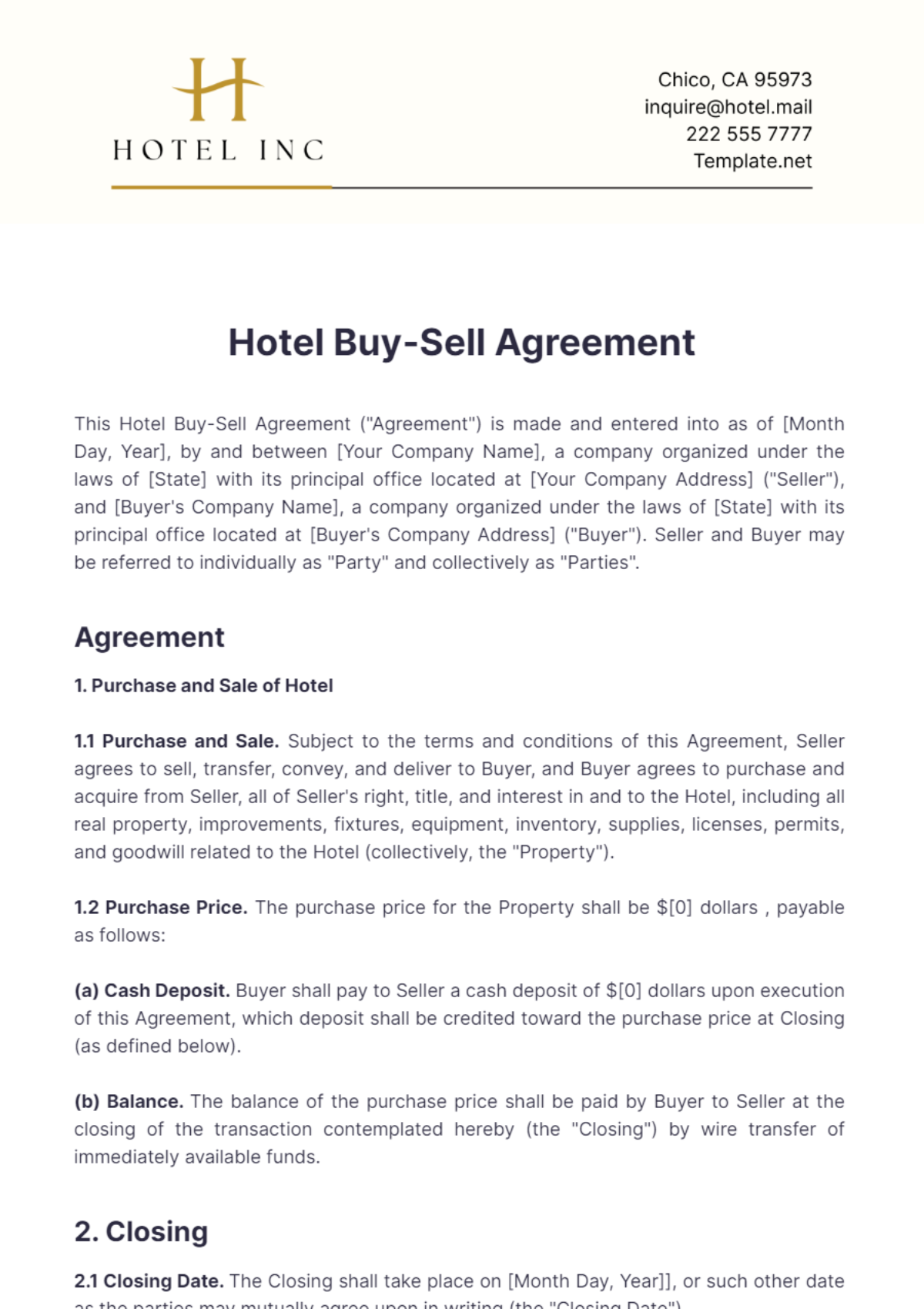 Hotel Buy-Sell Agreement Template - Edit Online & Download