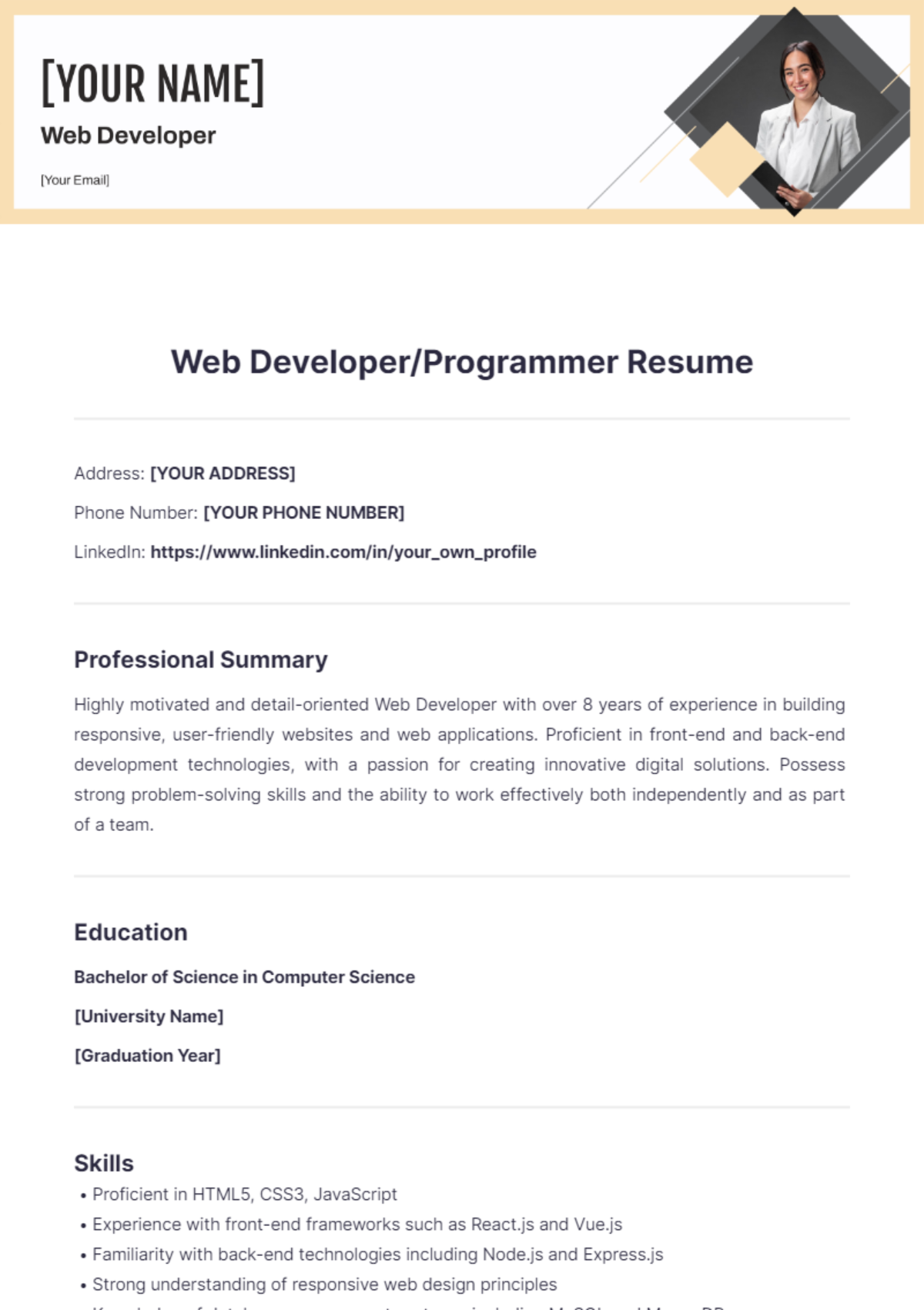 Web Developer/Programmer Resume - Edit Online & Download