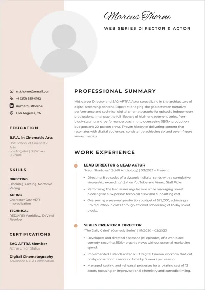 Free Web Series Director Acting ATS Resume Template, AI Resume Builder