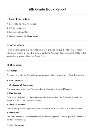 Free 9th Grade Book Report Template to Edit Online