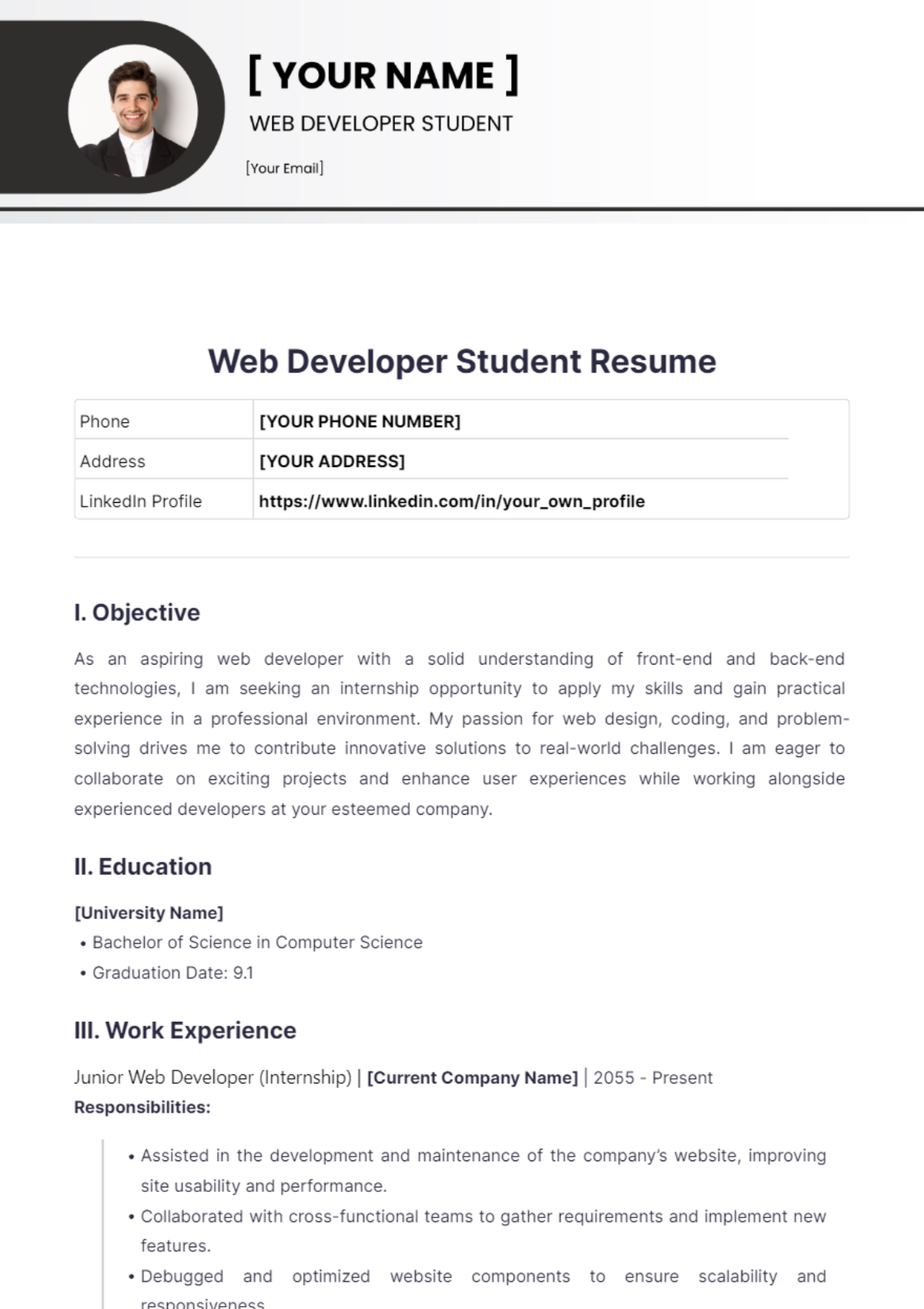 Web Developer Student Resume - Edit Online & Download