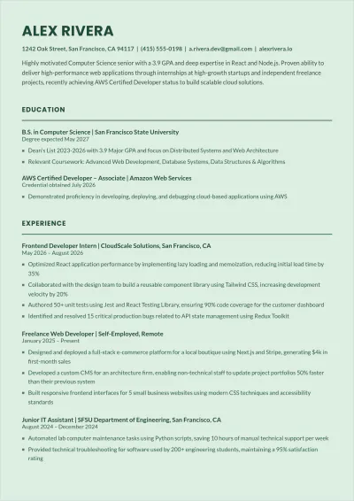 Free Web Developer Student ATS Resume Template, AI Resume Builder