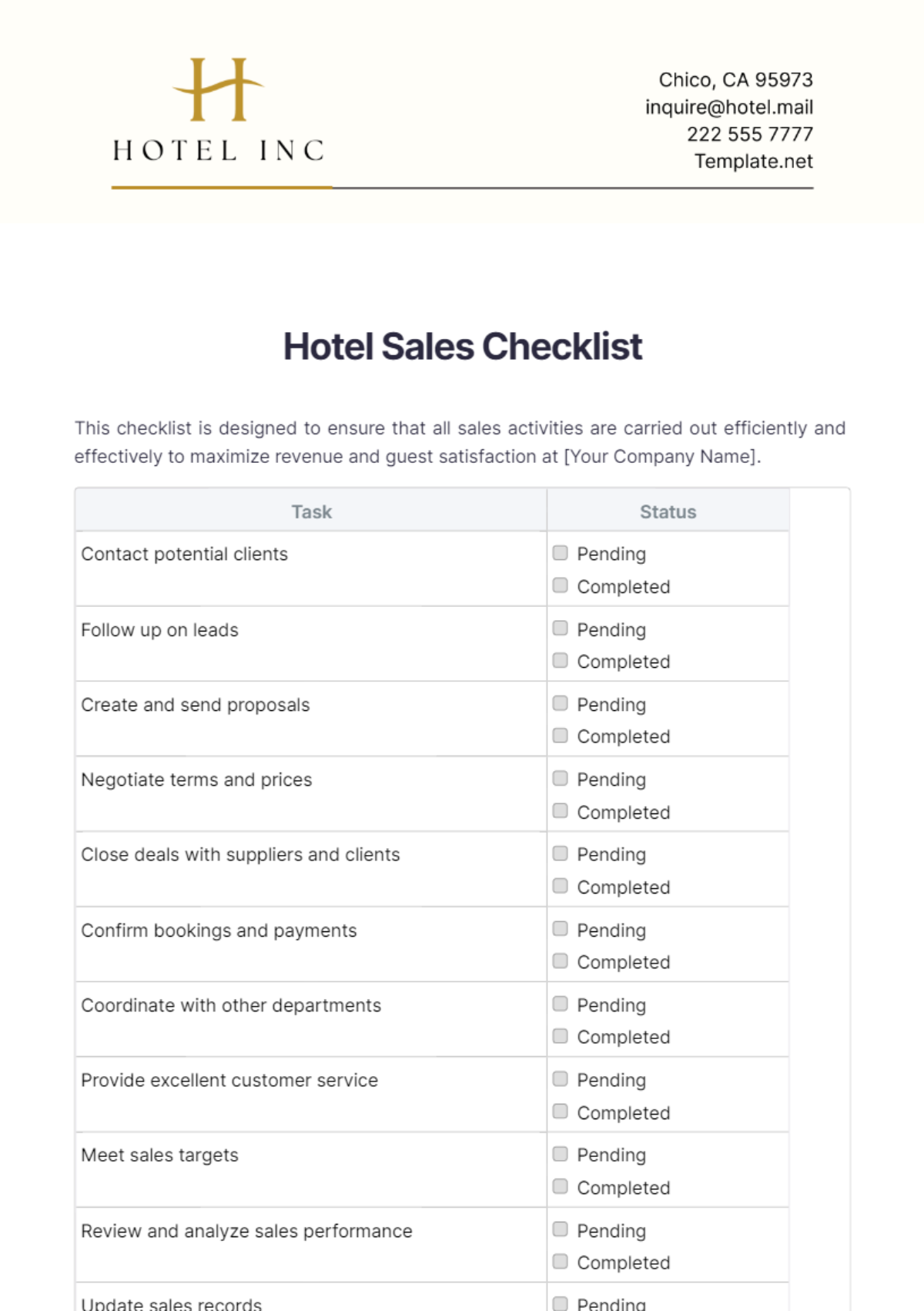 Hotel Sales Checklist Template - Edit Online & Download