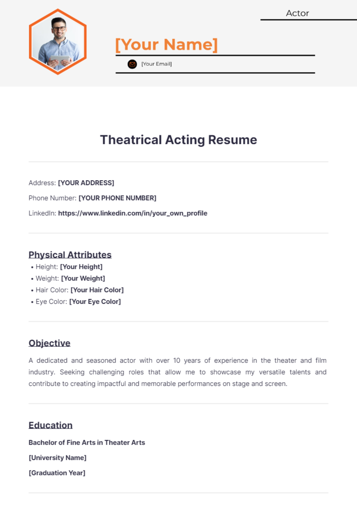 Theatrical Acting Resume - Edit Online & Download