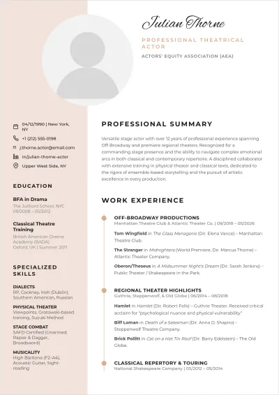 Free Theatrical Acting ATS Resume Template, AI Resume Builder