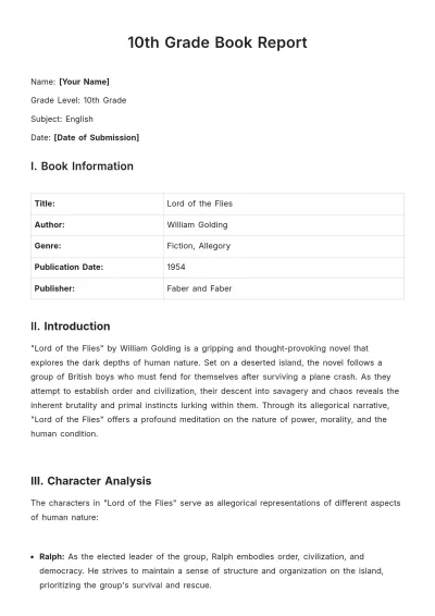 Free 10th Grade Book Report Template to Edit Online