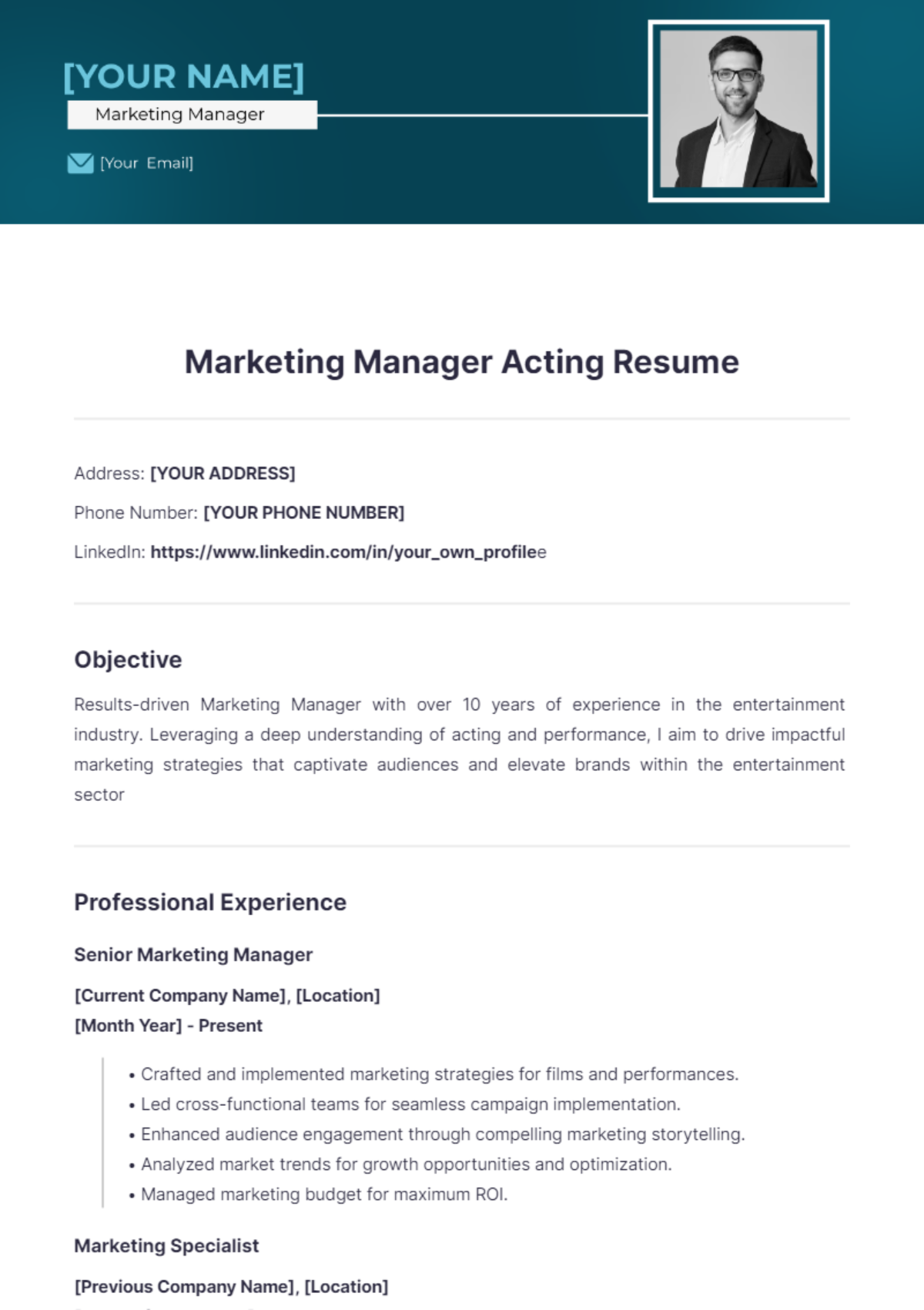 Marketing Manager Acting Resume - Edit Online & Download