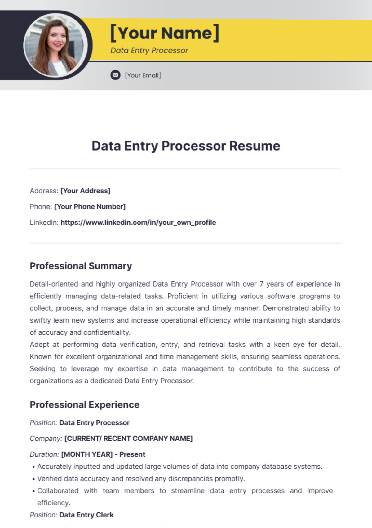 Data Entry Processor Resume - Edit Online & Download