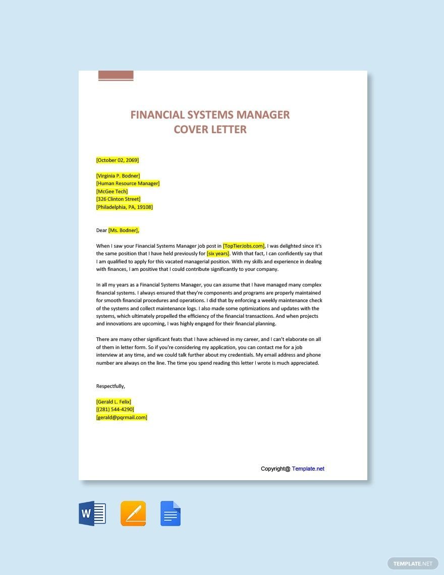 Free Financial Systems Manager Cover Letter in Word, Google Docs, PDF, Apple Pages