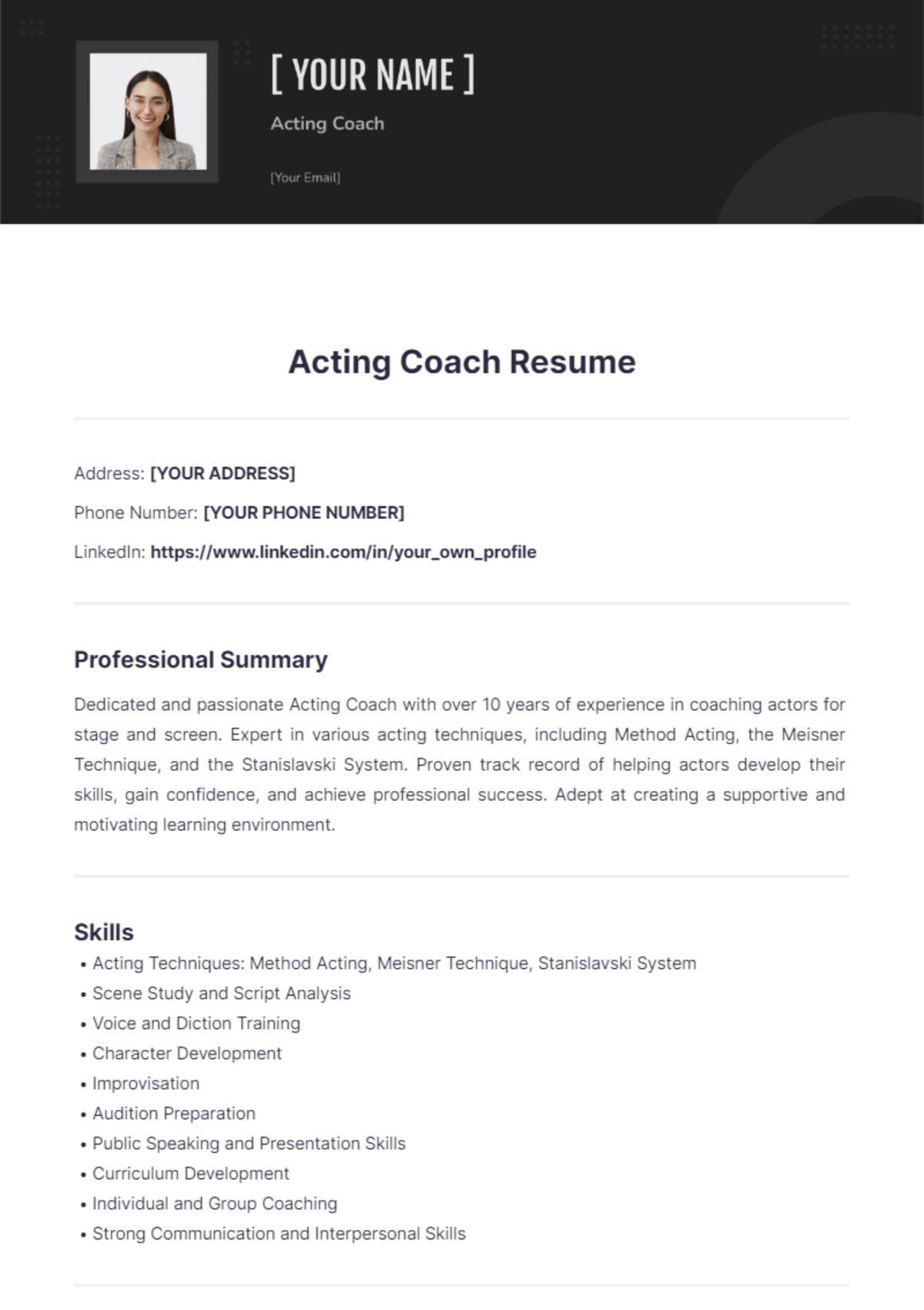 Acting Coach Resume - Edit Online & Download