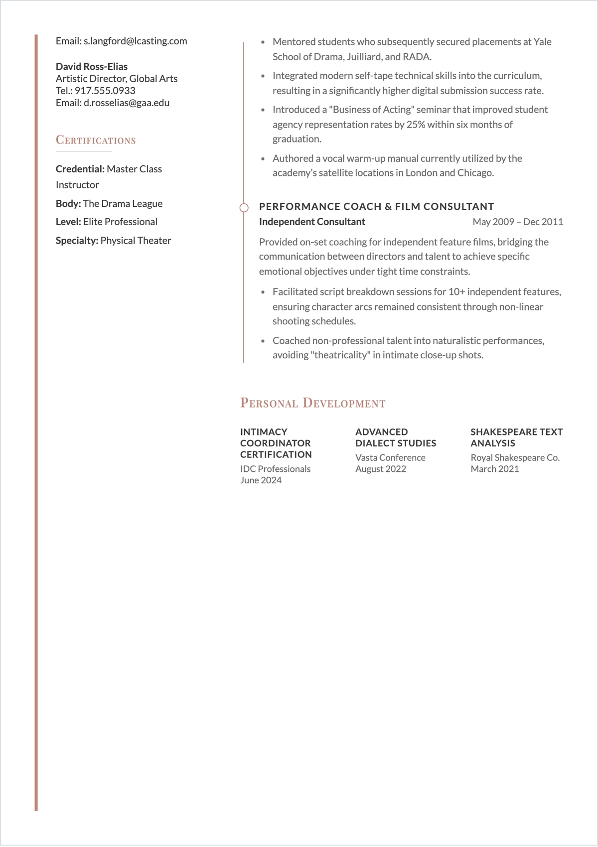 Free Acting Coach ATS Resume Template, AI Resume Builder
