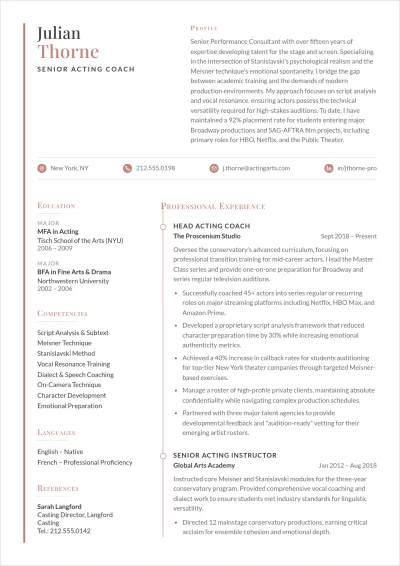 Free Acting Coach ATS Resume Template, AI Resume Builder