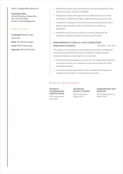 Free Acting Coach ATS Resume Template, AI Resume Builder
