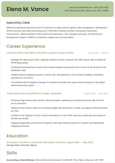 Free Data Entry Clerk ATS Resume Template, AI Resume Builder