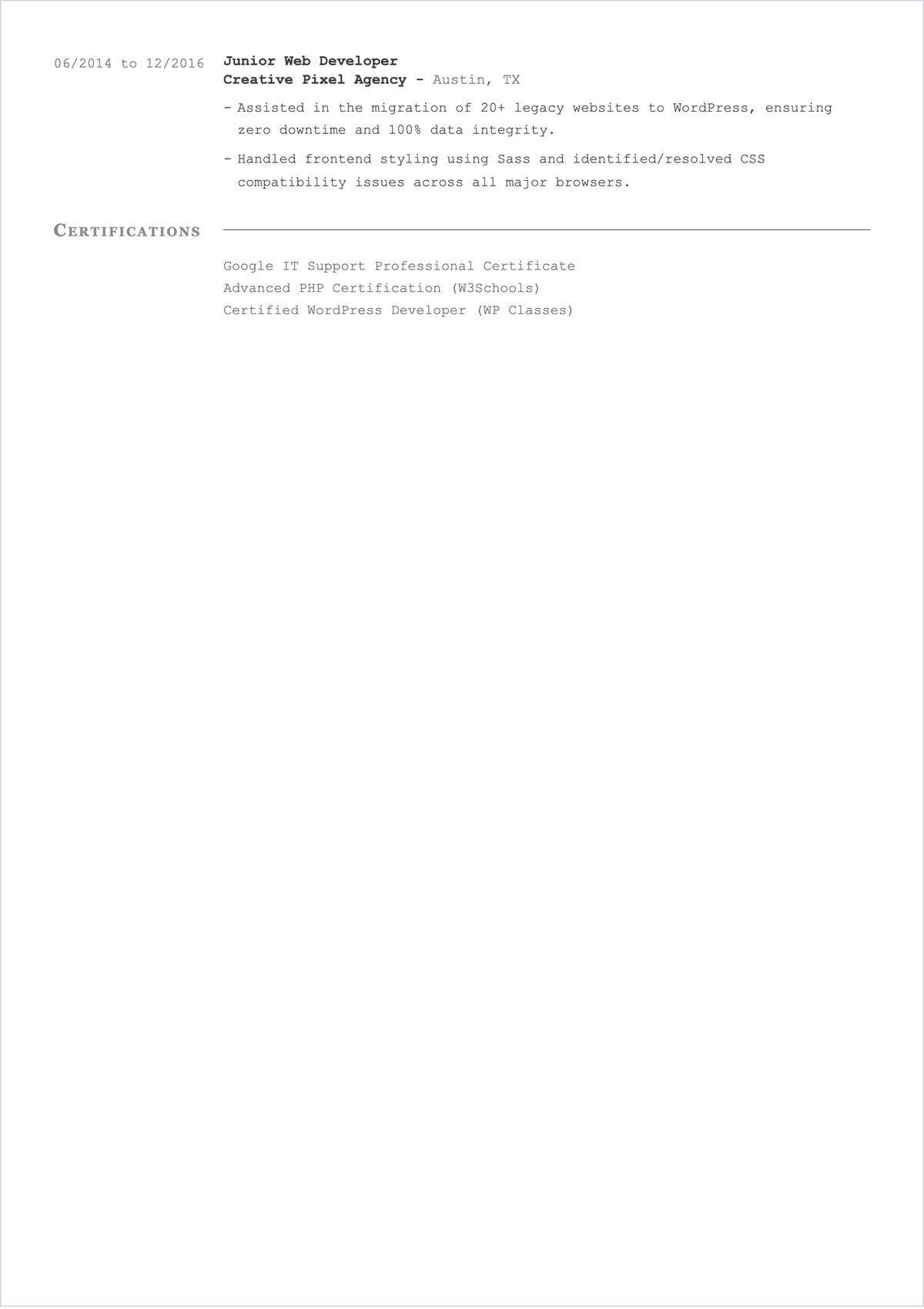 Free WordPress Web Developer ATS Resume Template, AI Resume Builder
