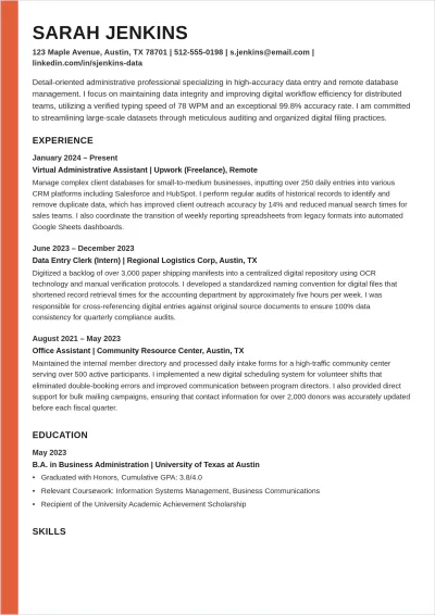 Free Online Data Entry Clerk ATS Resume Template, AI Resume Builder