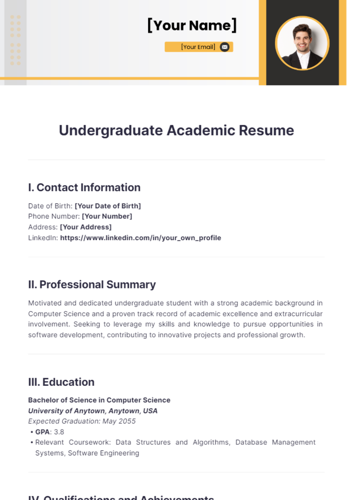 Undergraduate Academic Resume - Edit Online & Download Example ...