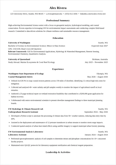 Free Undergraduate Academic ATS Resume Template, AI Resume Builder
