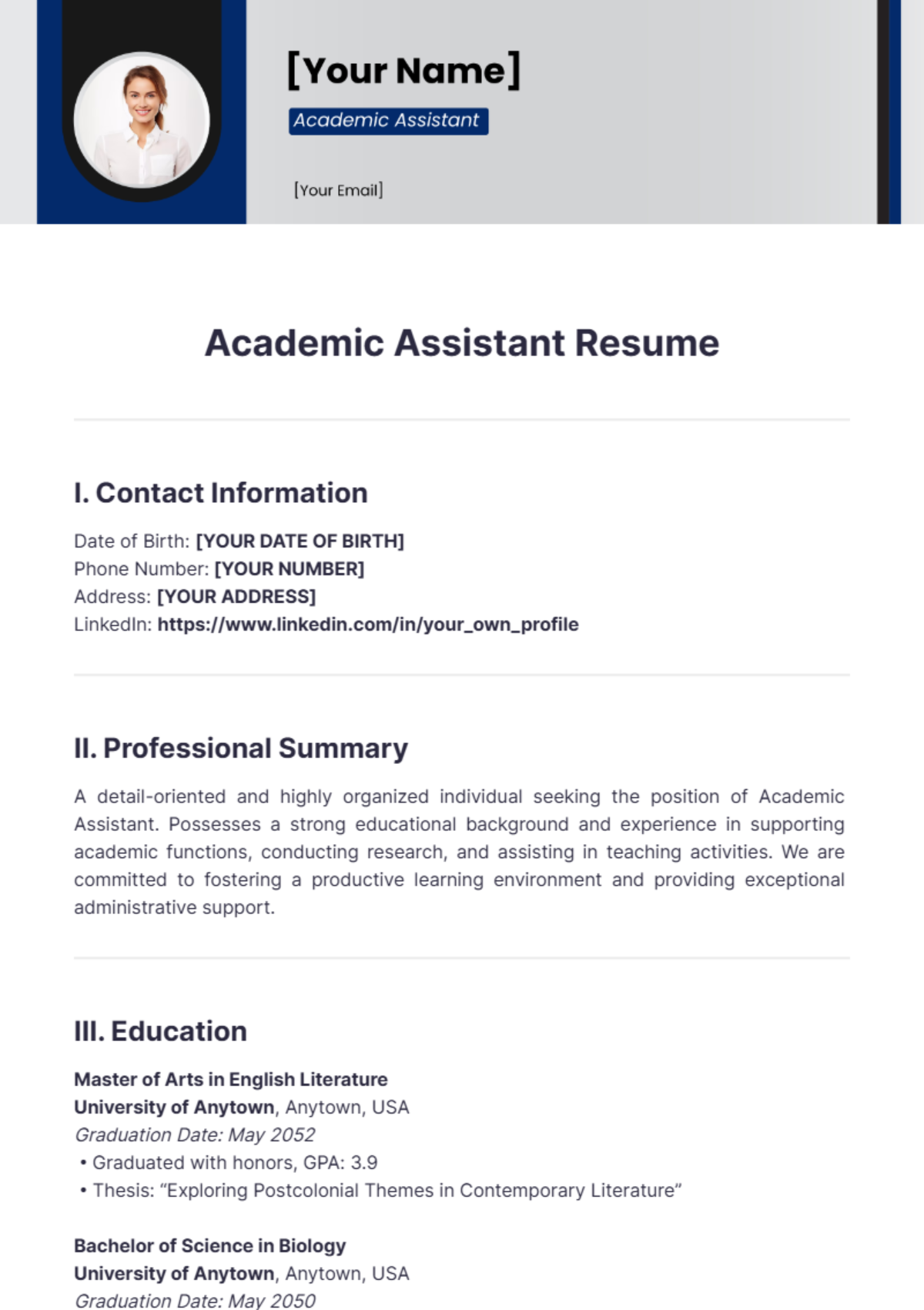 Academic Assistant Resume - Edit Online & Download Example | Template.net