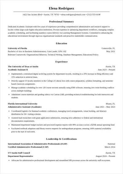 Free Academic Assistant ATS Resume Template, AI Resume Builder