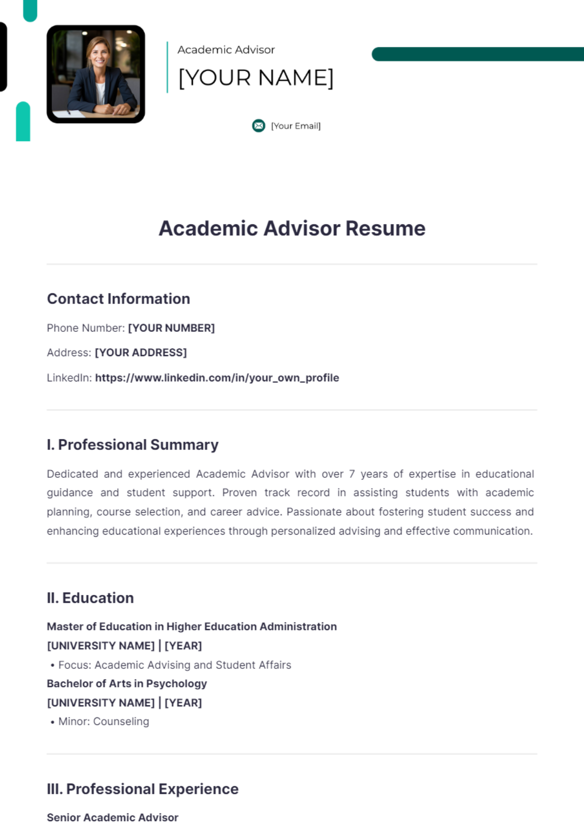 Academic Advisor Resume - Edit Online & Download