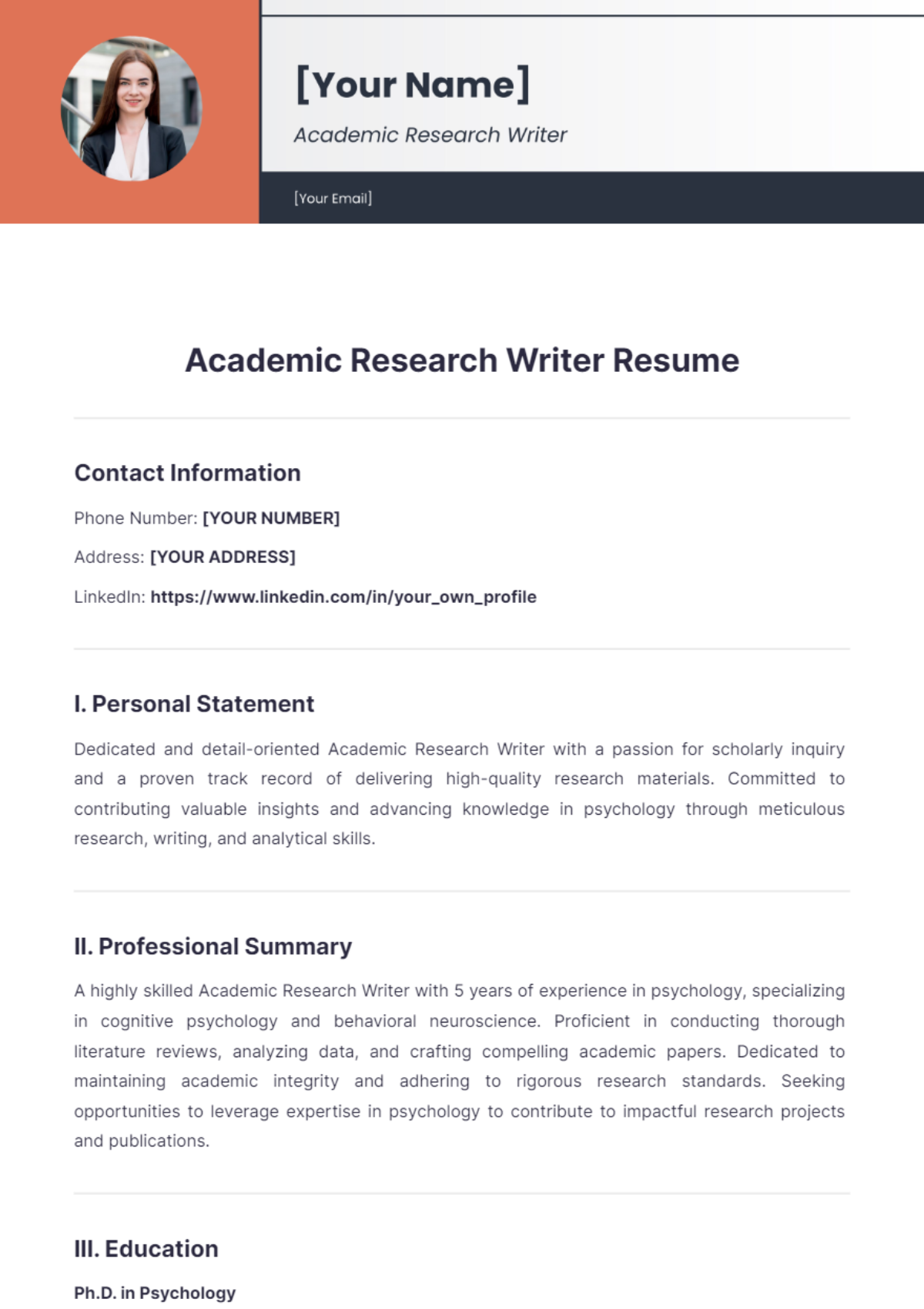 Academic Research Writer Resume - Edit Online & Download