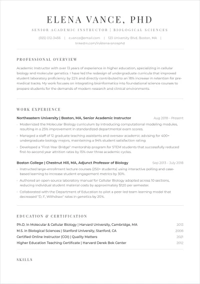 Free Academic Instructor ATS Resume Template, AI Resume Builder