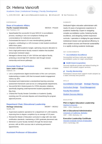 Free Academic Dean ATS Resume Template, AI Resume Builder