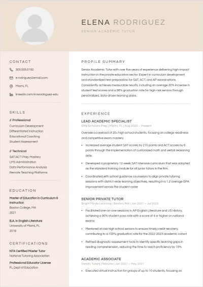 Free Academic Tutor ATS Resume Template, AI Resume Builder
