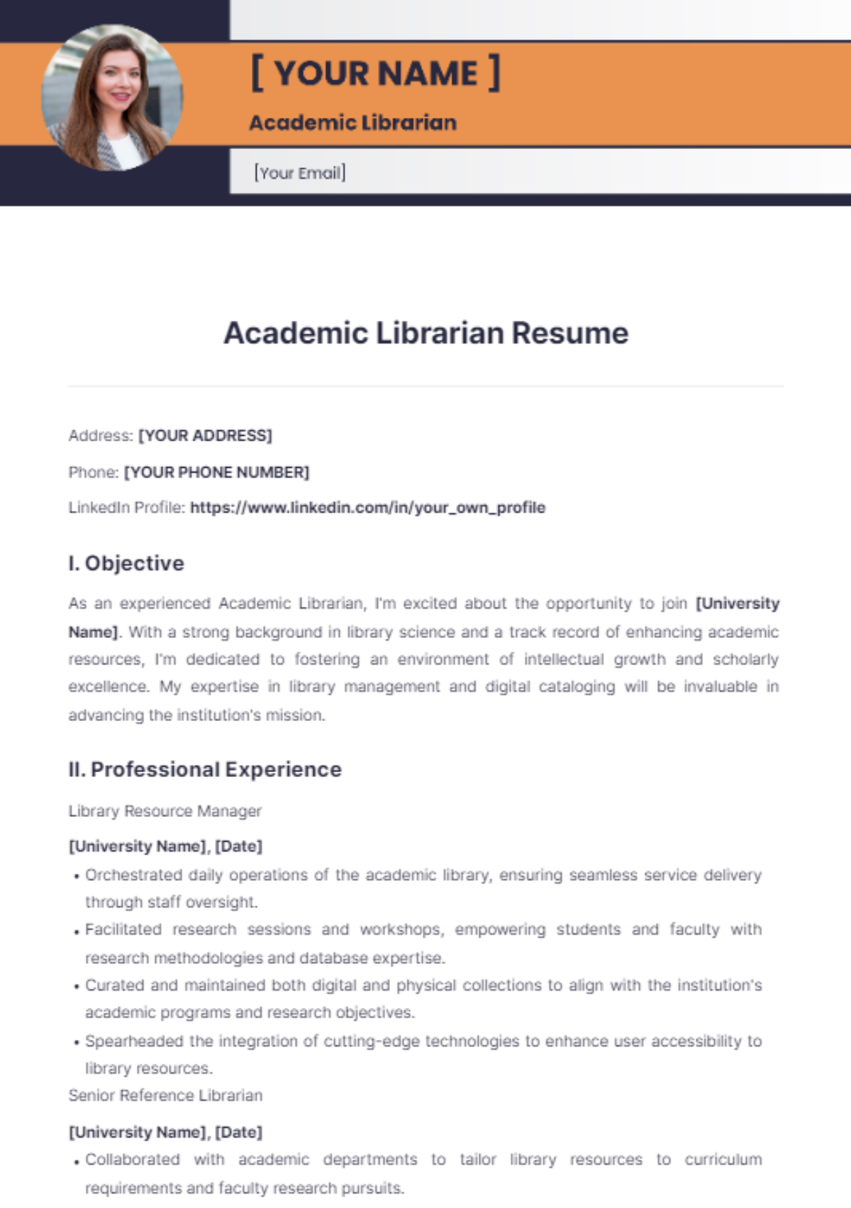 Free Academic Librarian Resume Template - Edit Online & Download ...