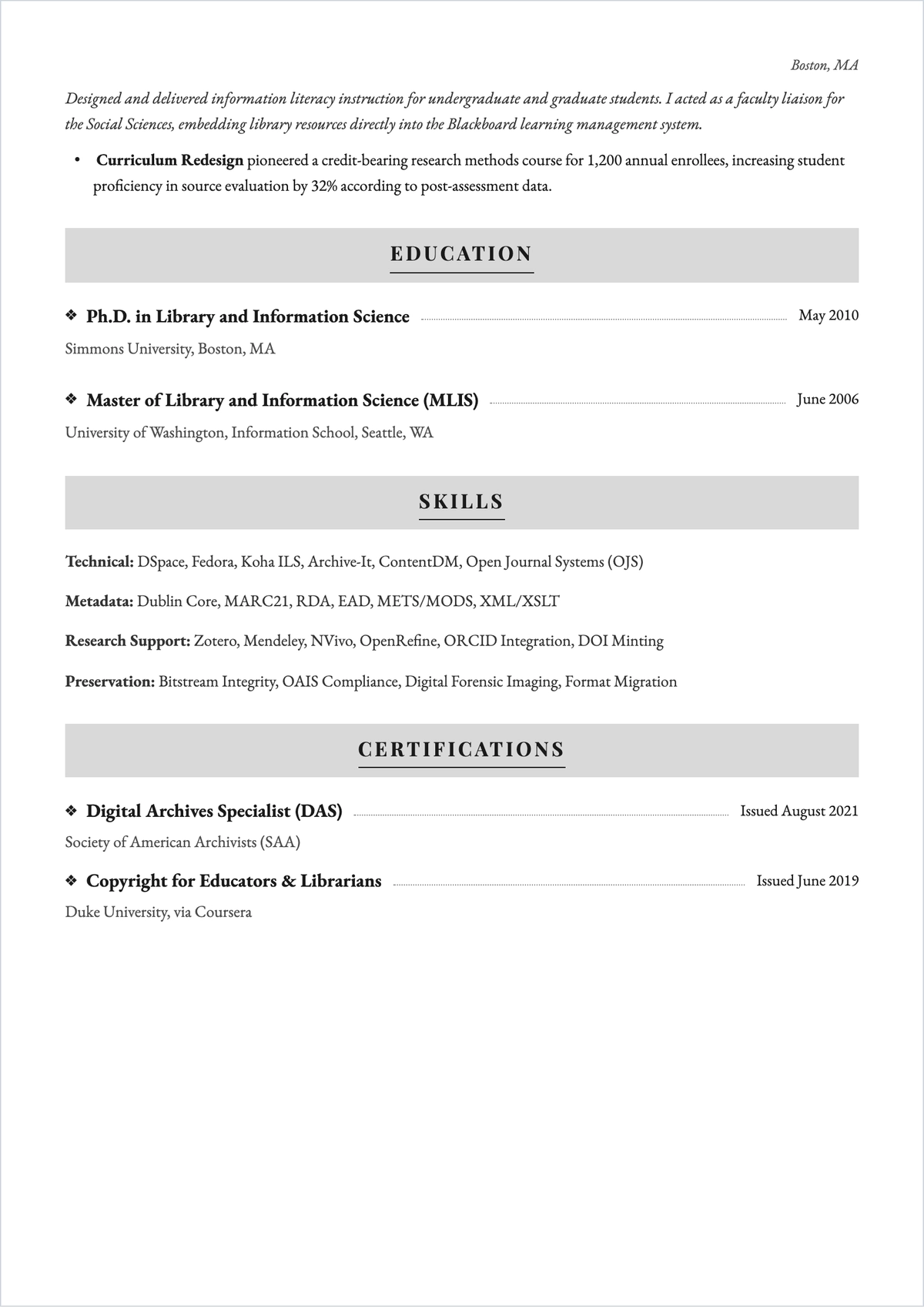 Free Academic Librarian ATS Resume Template, AI Resume Builder