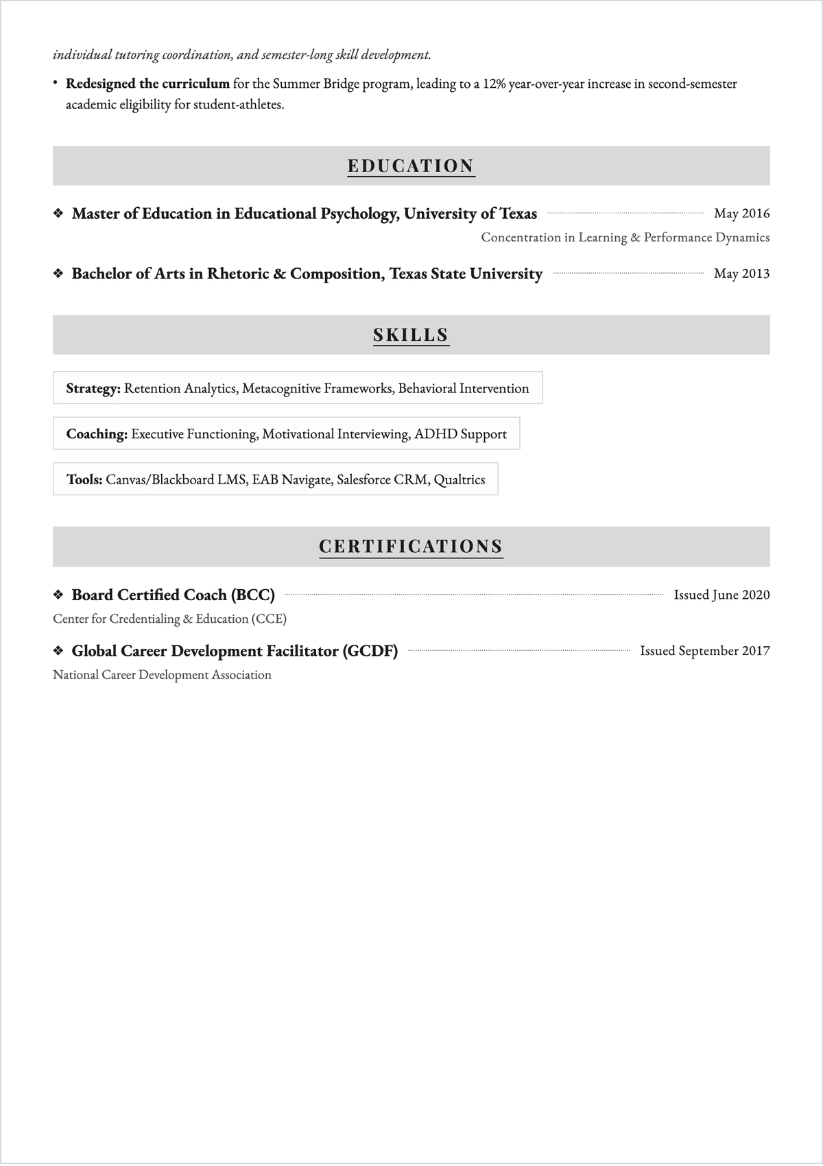 Free Academic Coach ATS Resume Template, AI Resume Builder