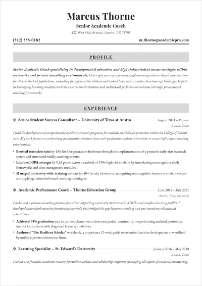 Free Academic Coach ATS Resume Template, AI Resume Builder