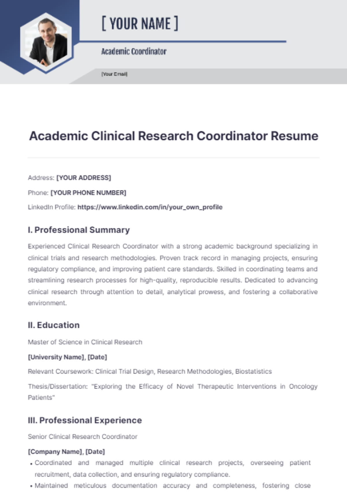 Academic Clinical Research Coordinator Resume - Edit Online & Download