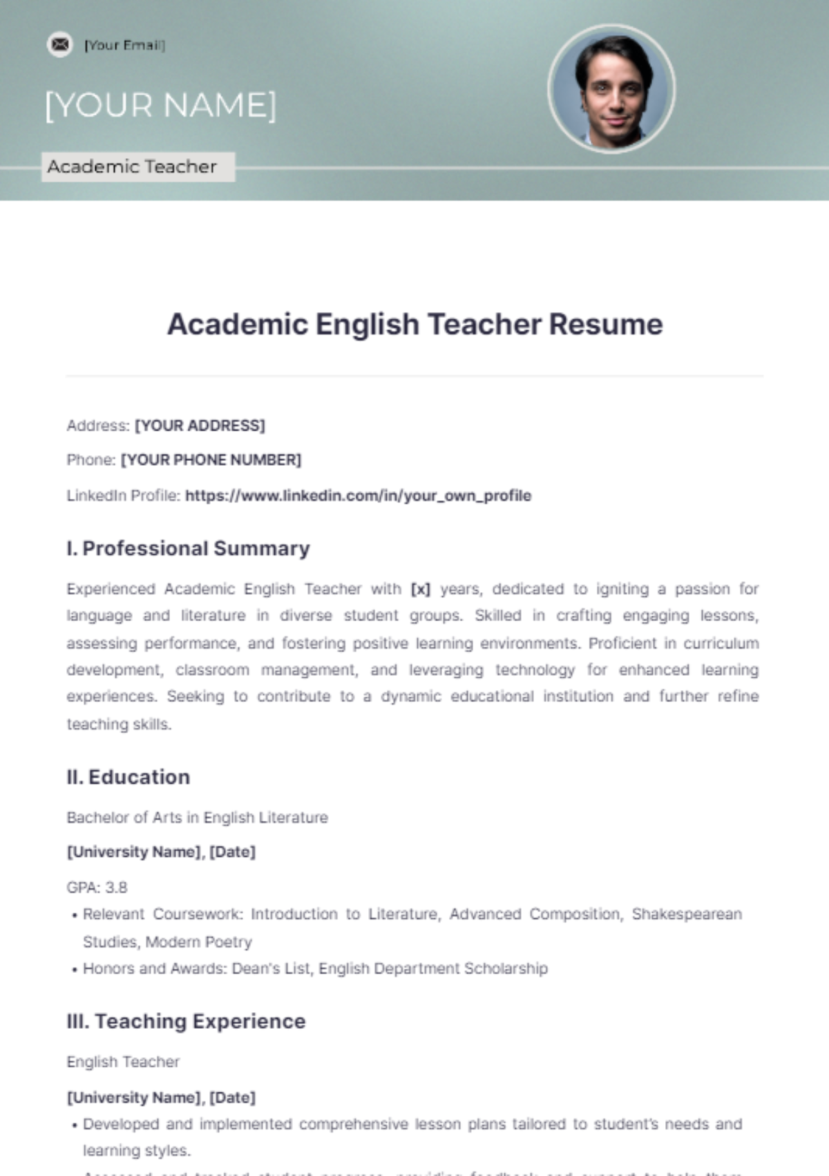 Academic English Teacher Resume - Edit Online & Download