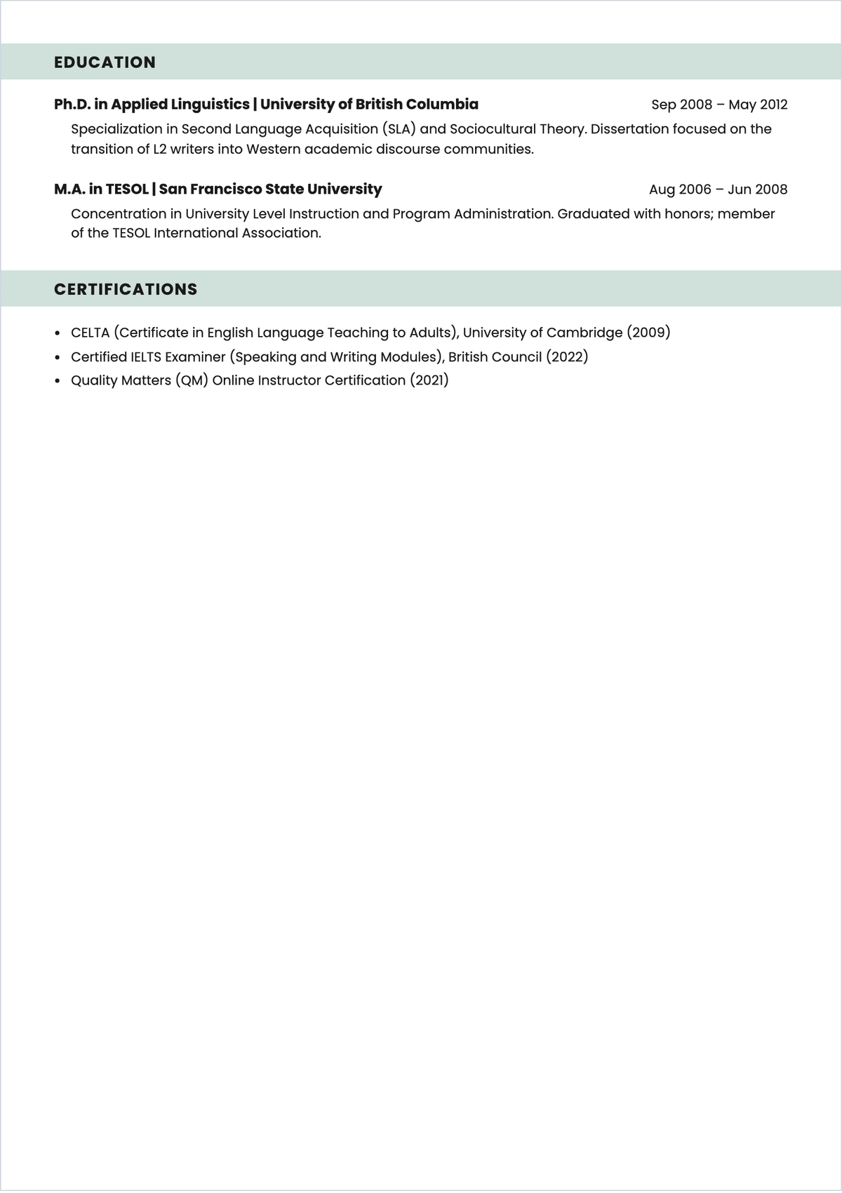 Free Academic English Teacher ATS Resume Template, AI Resume Builder